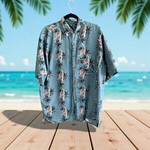 Silk Icon Men's Slate Blue Hawaiian Bird of Paradise  Short Sleeve Shirt Size XL